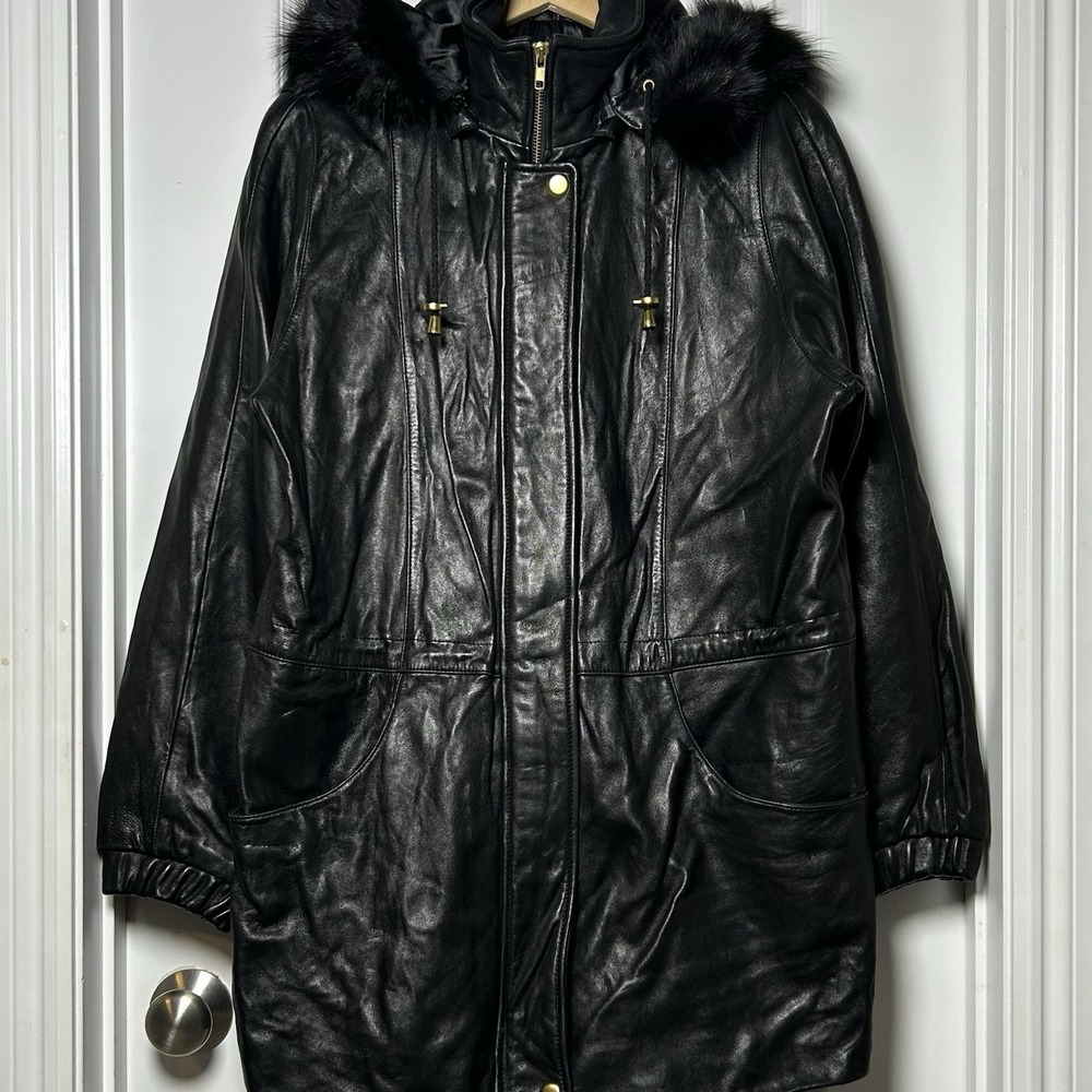 Worthington Vintage Genuine Lambskin Leather Black Longline Faux Fur Hooded Coat